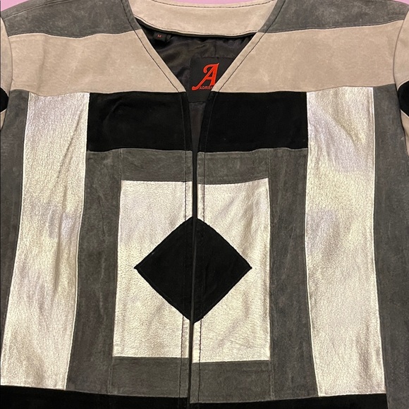 LEATHER Adrienne Landau Silver gray and Black  Geometric Blazer size M - Picture 11 of 16